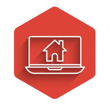 Beyaz çizgi dizüstü bilgisayar ve uzun gölgeli akıllı ev simgesi. Uzaktan kumanda. Kırmızı altıgen düğmesi. Vektör İllüstrasyonu