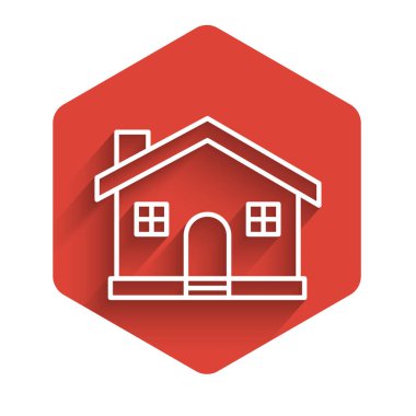 Beyaz çizgi ev ikonu uzun gölgeli izole edilmiş. Ev sembolü. Kırmızı altıgen düğmesi. Vektör İllüstrasyonu