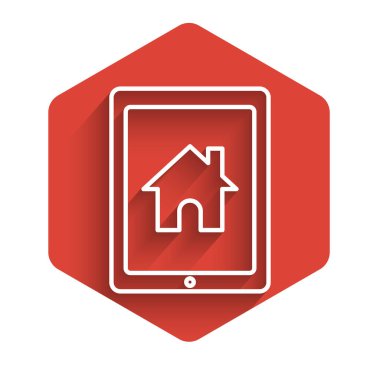 Beyaz çizgi Tablet ve akıllı ev ikonu uzun gölgeli izole edilmiş. Uzaktan kumanda. Kırmızı altıgen düğmesi. Vektör İllüstrasyonu