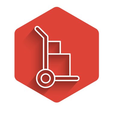 White line Hand truck and boxes icon isolated with long shadow. Dolly symbol. Red hexagon button. Vector Illustration