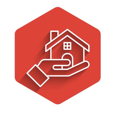 Beyaz çizgi emlakçı ikonu uzun gölgeli izole edilmiş. Ev almak. Kırmızı altıgen düğmesi. Vektör İllüstrasyonu