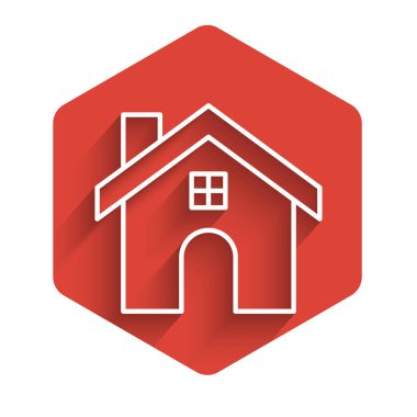 Beyaz çizgi ev ikonu uzun gölgeli izole edilmiş. Ev sembolü. Kırmızı altıgen düğmesi. Vektör İllüstrasyonu