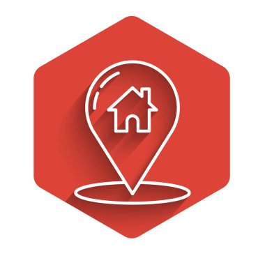 Beyaz çizgi harita işaretçisi, uzun gölgeli ev simgesiyle izole edilmiş. Ev konumu belirleyici sembol. Kırmızı altıgen düğmesi. Vektör İllüstrasyonu