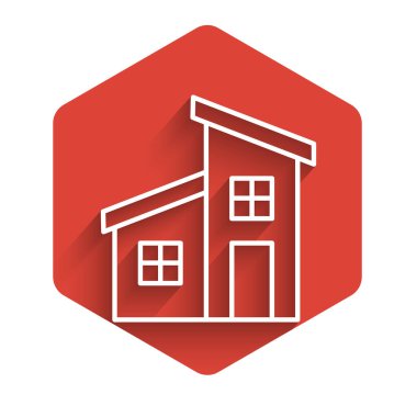 Beyaz çizgi ev ikonu uzun gölgeli izole edilmiş. Ev sembolü. Kırmızı altıgen düğmesi. Vektör İllüstrasyonu