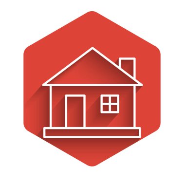 Beyaz çizgi ev ikonu uzun gölgeli izole edilmiş. Ev sembolü. Kırmızı altıgen düğmesi. Vektör İllüstrasyonu