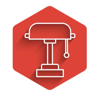 White line Table lamp icon isolated with long shadow. Red hexagon button. Vector Illustration
