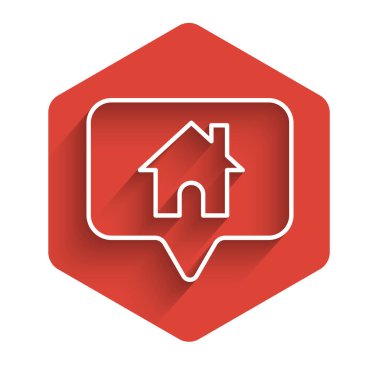 Beyaz çizgi harita işaretçisi, uzun gölgeli ev simgesiyle izole edilmiş. Ev konumu belirleyici sembol. Kırmızı altıgen düğmesi. Vektör İllüstrasyonu