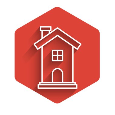 Beyaz çizgi ev ikonu uzun gölgeli izole edilmiş. Ev sembolü. Kırmızı altıgen düğmesi. Vektör İllüstrasyonu