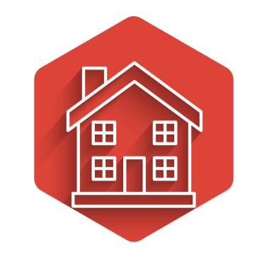 Beyaz çizgi ev ikonu uzun gölgeli izole edilmiş. Ev sembolü. Kırmızı altıgen düğmesi. Vektör İllüstrasyonu