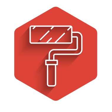 Beyaz çizgi boyalı fırça ikonu uzun gölgeli izole edilmiş. Kırmızı altıgen düğmesi. Vektör İllüstrasyonu