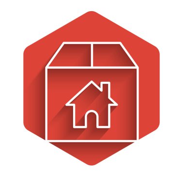 Beyaz çizgi karton kutu, uzun gölgeli ev sembolü simgesi. Kutu, paket, paket işareti. Teslimat, ulaşım ve nakliye. Kırmızı altıgen düğmesi. Vektör İllüstrasyonu