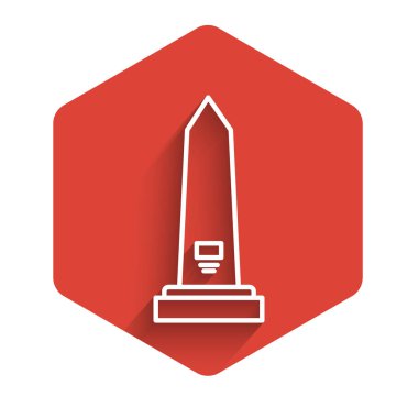 Beyaz çizgi Washington anıtı uzun gölgeli izole edilmiş. Anma konsepti, başkentin simgesi, vatanseverlik. Kırmızı altıgen düğmesi. Vektör İllüstrasyonu