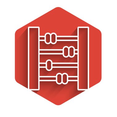 Beyaz çizgi Abaküs simgesi uzun gölgeli izole edilmiş. Geleneksel sayım çerçevesi. Eğitim işareti. Matematik okulu. Kırmızı altıgen düğmesi. Vektör İllüstrasyonu