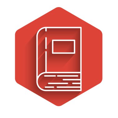 Beyaz çizgi kitabı ikonu uzun gölgeli izole edilmiş. Kırmızı altıgen düğmesi. Vektör İllüstrasyonu