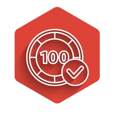 Beyaz çizgi kumarhane çipleri ikonu uzun gölgeli izole edilmiş. Kumarhane kumarı. Kırmızı altıgen düğmesi. Vektör İllüstrasyonu