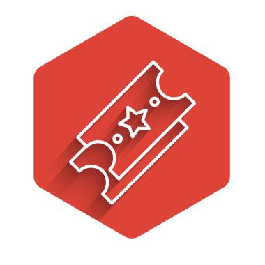 Beyaz çizgili piyango bileti ikonu uzun gölgeli izole edilmiş. Bingo, loto, nakit para ödülleri. Finansal başarı, refah, zafer, kazanma şansı. Kırmızı altıgen düğmesi. Vektör İllüstrasyonu