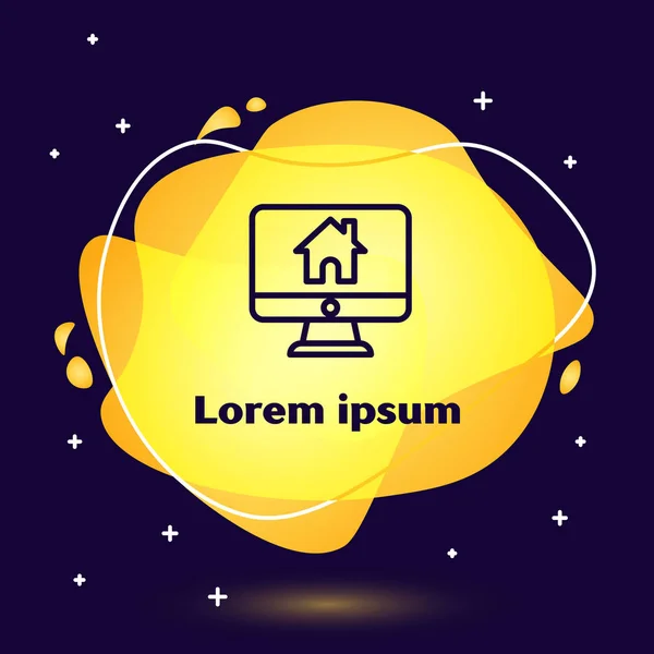 Zwarte lijn Computer monitor met smart home icoon geïsoleerd op blauwe achtergrond. Afstandsbediening. Abstracte banner met vloeibare vormen. Vector Illustratie — Stockvector