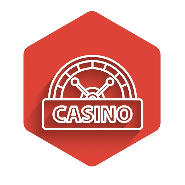 Línea blanca Casino icono del letrero aislado con sombra larga. Botón de hexágono rojo. Ilustración vectorial — Vector de stock