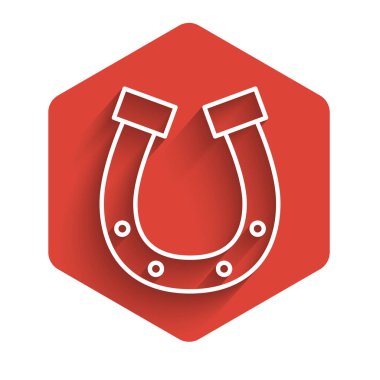 Beyaz çizgi at nalı ikonu uzun gölgeli izole edilmiş. Kırmızı altıgen düğmesi. Vektör İllüstrasyonu