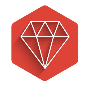 Elmas simgesi uzun gölgeli beyaz çizgi. Mücevher sembolü. Mücevher taşı. Kırmızı altıgen düğmesi. Vektör İllüstrasyonu