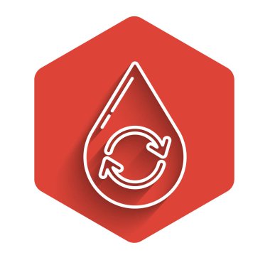 Beyaz çizgi, uzun gölgeli temiz su ikonunu geri dönüştür. İşaret geri dönüşümlü bir damla su. Kırmızı altıgen düğmesi. Vektör İllüstrasyonu