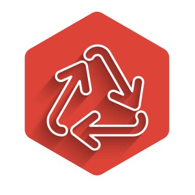 Beyaz çizgi geri dönüşüm sembolü uzun gölgeli izole edilmiş. Dairesel ok simgesi. Çevre geri dönüşümü yeşile döner. Kırmızı altıgen düğmesi. Vektör İllüstrasyonu