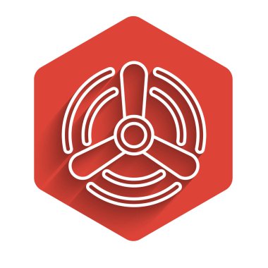 Beyaz çizgi rüzgar türbini ikonu uzun gölgeli izole edilmiş. Rüzgar jeneratörü işareti. Elektrik üretimi için yel değirmeni. Kırmızı altıgen düğmesi. Vektör İllüstrasyonu