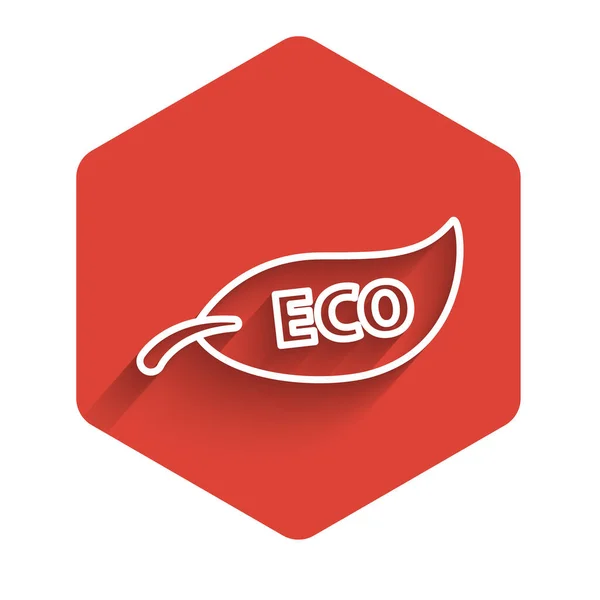 Символ White line Leaf Eco, изолированный длинной тенью. Баннер, этикетка, ярлык, логотип, наклейка на экологический зеленый. Красная шестиугольная кнопка. Векторная миграция — стоковый вектор