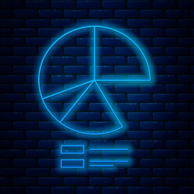 Parlayan neon hattı pasta grafiği bilgi simgesi tuğla duvar arka planında izole edildi. Diyagram çizelgesi. Vektör İllüstrasyonu