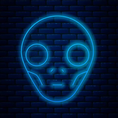 Parlayan neon hattı. Tuğla duvar arkasında uzaylı simgesi izole edildi. Uzaylı yüzü ya da kafa sembolü. Vektör İllüstrasyonu