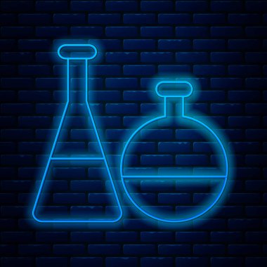 Parlayan neon hattı test tüpü ve kimyasal test ikonu tuğla duvar arka planında izole edilmiş. Laboratuvar cam levhası. Vektör İllüstrasyonu