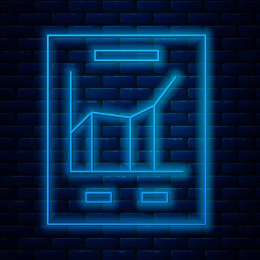 Grafik çizelgesi simgesi olan parlak neon çizgisi belgesi tuğla duvar arka planında izole edilmiş. Metin dosya simgesini rapor et. Muhasebe tabelası. Denetim, analiz, planlama. Vektör İllüstrasyonu