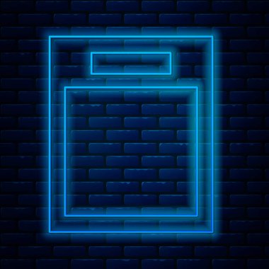 Parlayan neon hattı boş form simgesi tuğla duvar arka planında izole edildi. Dosya simgesi. Kontrol listesi simgesi. İş konsepti. Vektör İllüstrasyonu