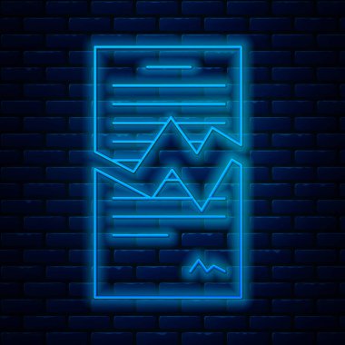 Parlayan neon hattı. Tuğla duvar arka planında Yırtık kontrat ikonu izole edildi. Dosya simgesi. Kontrol listesi simgesi. İş konsepti. Vektör İllüstrasyonu