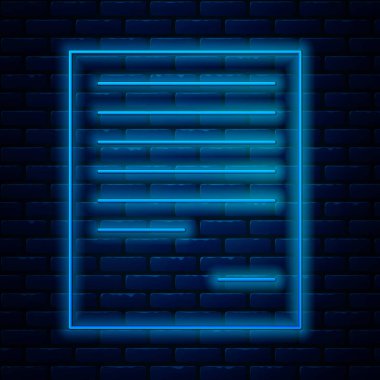 Parlayan neon hattı belge simgesi tuğla duvar arka planında izole edildi. Dosya simgesi. Kontrol listesi simgesi. İş konsepti. Vektör İllüstrasyonu