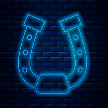 Parlayan neon çizgili at nalı simgesi tuğla duvar arkasında izole edilmiş. Vektör İllüstrasyonu