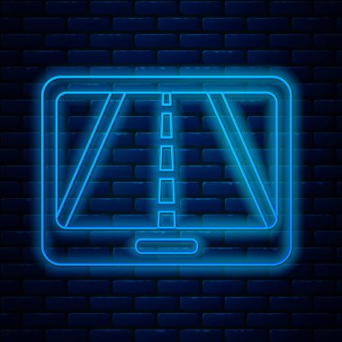 Şehrin harita yön bulma simgesinin parlayan neon hattı bilgileri tuğla duvar arka planında izole edildi. Mobil Uygulama Arayüzü tasarımı. Coğrafi konsept. Vektör İllüstrasyonu