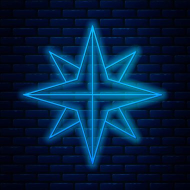 Parlayan neon çizgisi. Rüzgar gül ikonu tuğla duvar arkasında izole edilmiş. Seyahat için pusula simgesi. Navigasyon tasarımı. Vektör İllüstrasyonu