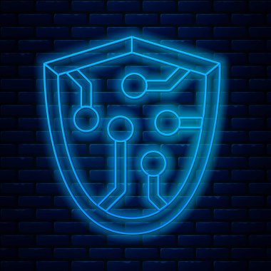 Parlayan neon hattı siber güvenlik simgesi tuğla duvar arka planında izole edildi. Kalkan işareti. Güvenlik kavramı. Dijital veri koruması. Vektör İllüstrasyonu