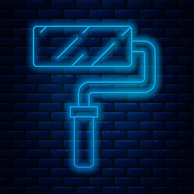 Parlak neon çizgisi boya fırçası ikonu tuğla duvar arka planında izole edilmiş. Vektör İllüstrasyonu