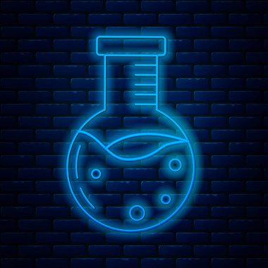 Parlayan neon hattı test tüpü ve kimyasal test ikonu tuğla duvar arka planında izole edilmiş. Laboratuvar cam levhası. Vektör İllüstrasyonu