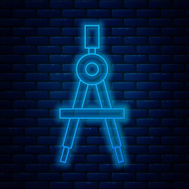 Parlak neon çizgisi. Pusula simgesi, tuğla duvar arka planında izole edilmiş. Pusula işareti. Çizim ve eğitim araçları. Geometrik alet. Vektör İllüstrasyonu