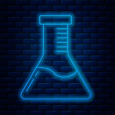 Parlayan neon hattı test tüpü ve kimyasal test ikonu tuğla duvar arka planında izole edilmiş. Laboratuvar cam levhası. Vektör İllüstrasyonu