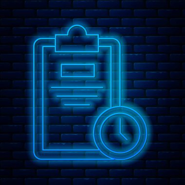Duvarda izole edilmiş saat simgesi olan parlak neon çizgi sınav kağıdı. Sınav kağıdı, sınav ya da araştırma konsepti. Sınav ya da sınav. Vektör İllüstrasyonu