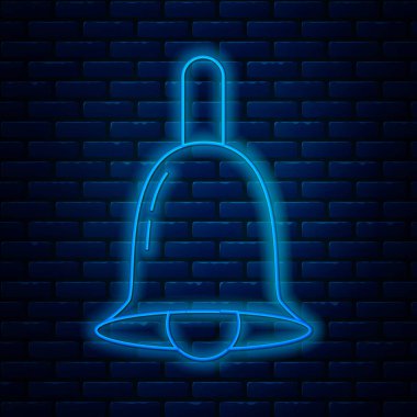 Parlayan neon hattı zil simgesi tuğla duvar arka planında izole edildi. Alarm sembolü, servis zili, el zili işareti, uyarı sembolü. Vektör İllüstrasyonu