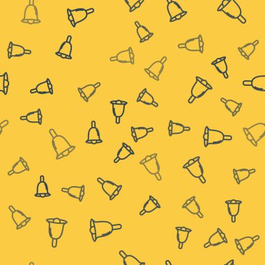 Mavi çizgi zil simgesi sarı arkaplanda izole edilmiş kusursuz desen. Alarm sembolü, servis zili, el zili işareti, uyarı sembolü. Vektör İllüstrasyonu