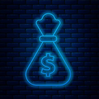 Parlayan neon hattı Para Çantası simgesi tuğla duvar arkasında izole edildi. Dolar ya da Usd sembolü. Nakit bankacılık tabelası. Vektör İllüstrasyonu
