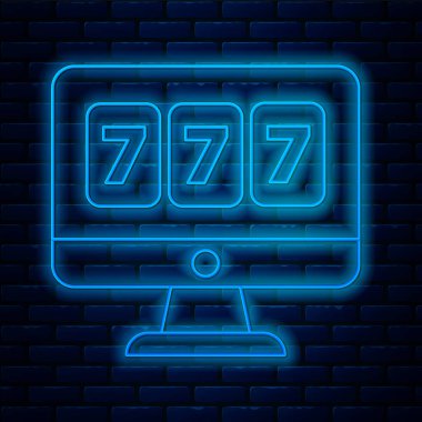 Parlayan neon hattı çevrimiçi slot makinesi ve tuğla duvar arkasında izole edilmiş şanslı yedinci büyük ikramiye ikonu. İnternetteki kumarhane. Vektör İllüstrasyonu