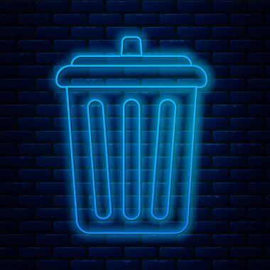 Parlayan neon hattı çöp kutusu simgesi tuğla duvar arka planında izole edildi. Çöp kutusu tabelası. Sepet simgesini geri dönüştür. Ofis çöpü ikonu. Vektör İllüstrasyonu