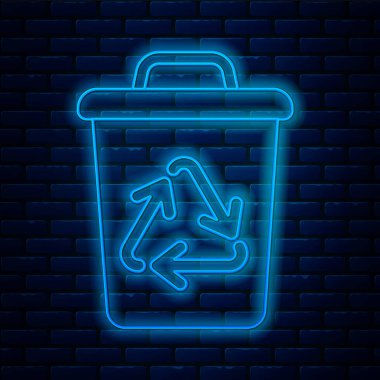 Parlayan neon hattı geri dönüşüm kutusu ve tuğla duvar arka planında izole edilmiş geri dönüşüm sembolü. Çöp kutusu simgesi. Çöp kutusu tabelası. Geri dönüşüm sepeti işareti. Vektör İllüstrasyonu